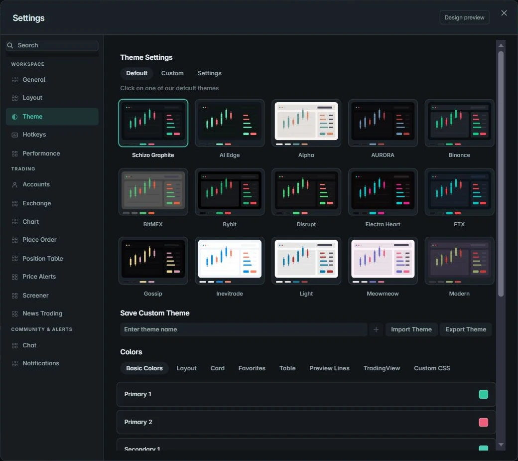The redesigned settings panel with Schizo Graphite selected, theme presets and grouped workspace controls